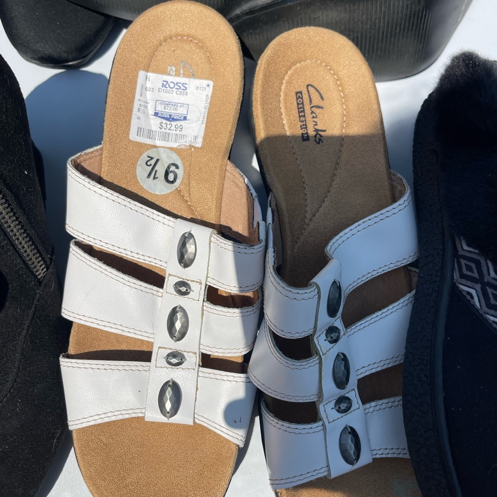 Clarks White Slide Sandals with Gem Details